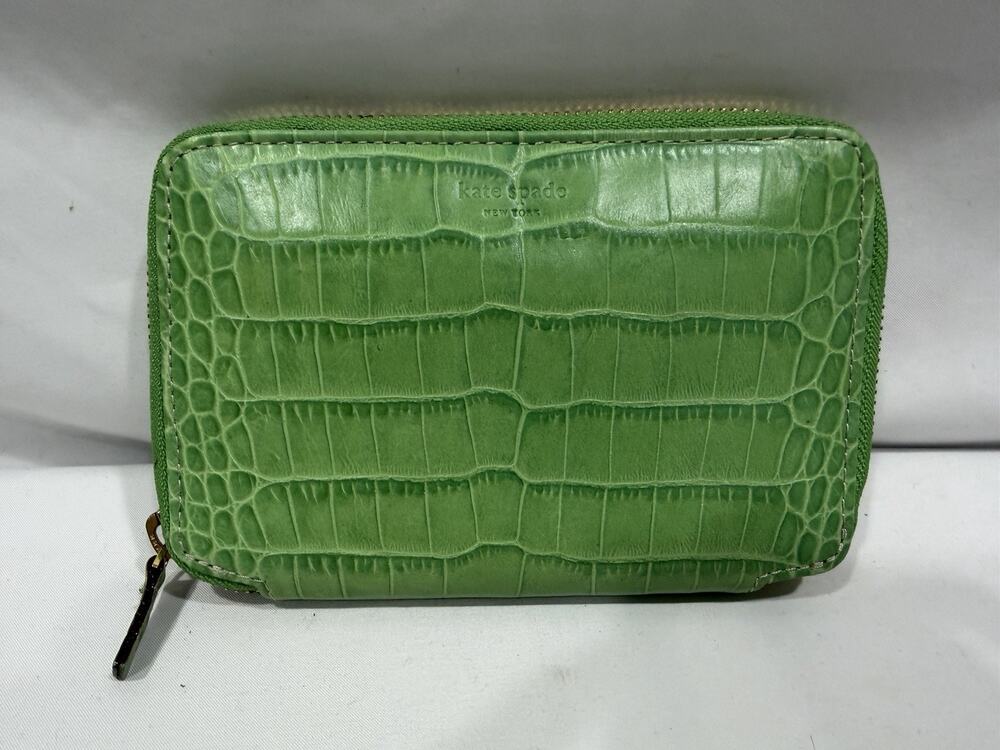 Kate Spade Leather Leslie Zip Travel Jewelry Embossed Crocodile Green Preppy